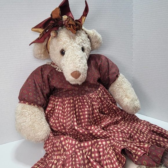 Fuzzy Dog Large Cream Colored Stuffed Plush Red Checkered Plaid Dress with Bows - Picture 5 of 9